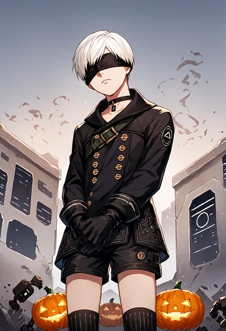 biomechanical cyberpunk score_9, score_7_up, source_anime, uncensored, cowboy shot, head tilt, from below, imageboard colors, (singularity:1.1), hands between legs, scheming, comic, Jack-o'-lantern, arena
<lora:NierAutomata_9S_v1.0:1> 9S, 9s (nier:automata), 1boy, solo, gloves, shorts, black gloves, white hair, black blindfold, black choker, short hair, kneehighs, long sleeves, black jacket, double-breasted, jacket, buttons
. cybernetics, human-machine fusion, dystopian, organic meets artificial, dark, intricate, highly detailed