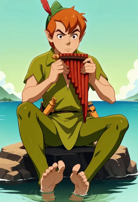 score_9, score_8_up, score_7_up, score_6_up, score_5_up,source_anime, anime screencap, anime coloring, official style, looking at viewer, 1boy, solo, male focus, fantasy, peter pan, short hair, orange hair, pointy ears,green cap
sitting at a rock,in the lake,water,sun,feet in water,waves,wind,ship in distance<lora:peterpan_adam_02:1>
,playing red panflute<lora:PanflutePonyV1>