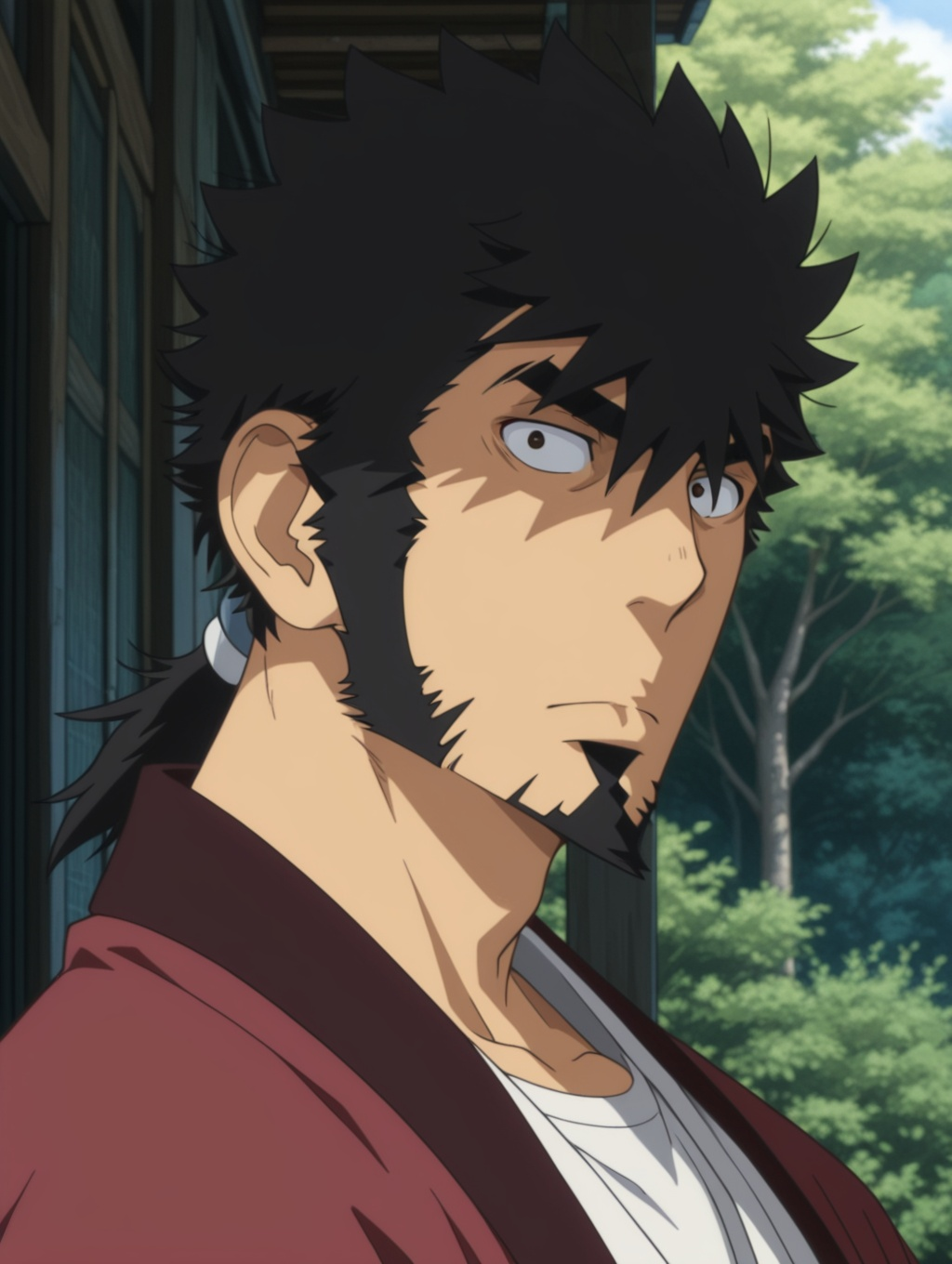 Kyouma Mabuchi, long sideburns, 1boy, white shirt, japanese clothes, outdoors, mature male, short hair, ponytail, portrait, solo, masterpiece, best quality, amazing quality