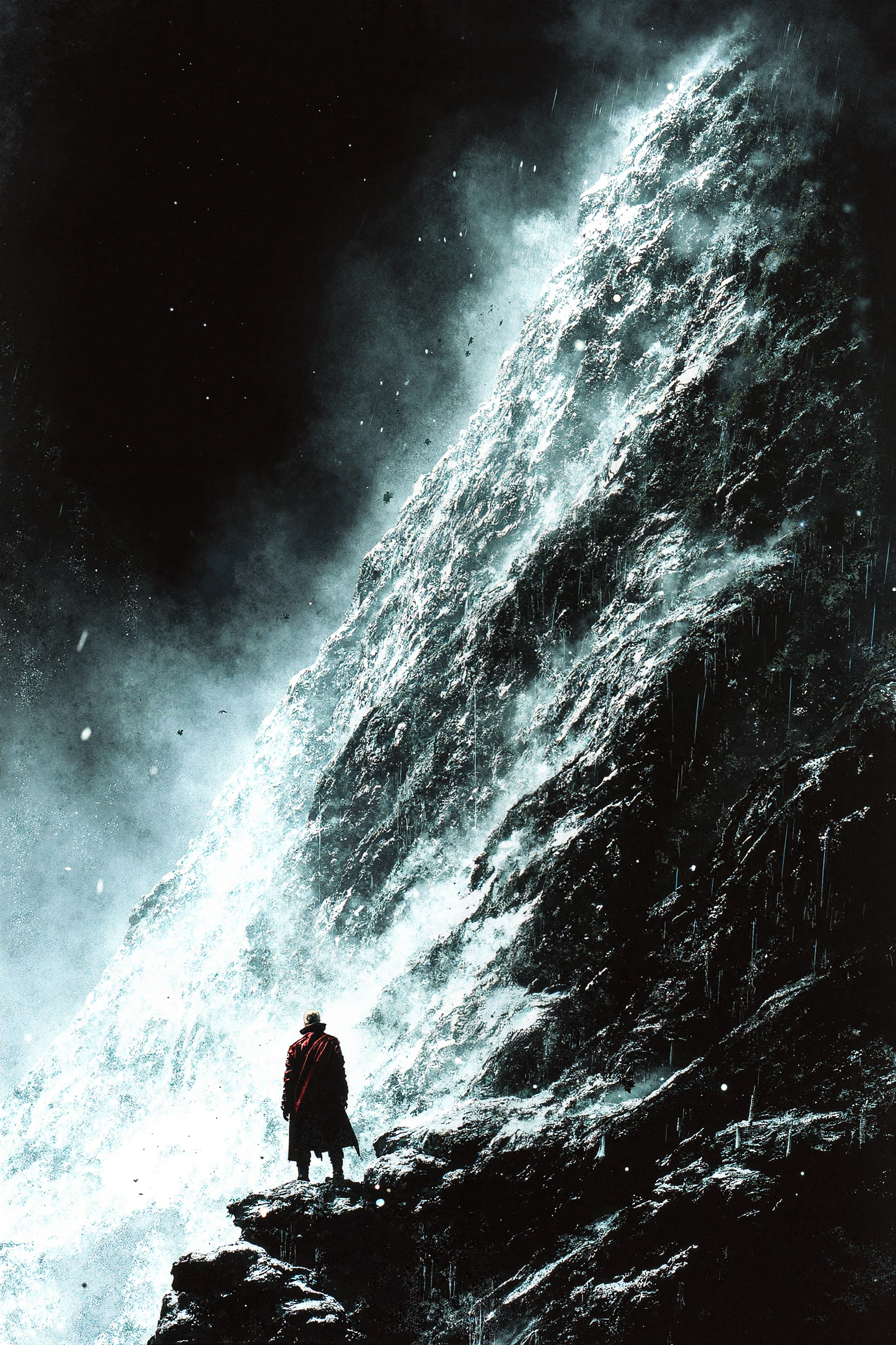 A man standing on a rocky cliff, looking up at the sky as the wind whips through his coat. The angle is tilted and dramatic, emphasizing the scale of the natural setting. The style features rich textures and dynamic lighting to enhance the rugged scene.  --ar 2:3 --v 6.1 --stylize 600  --c 25  --sref 4937281056