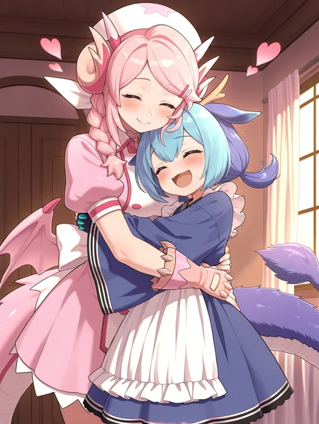 2girls,hug,heart,smile,open mouth,blush,hairclip,nurse dragonmaid,white nurse cap,pink fingerless gloves,pink nurse dress,pink wings,closed eyes,laundry dragonmaid,blue fingerless gloves,blue maid outfit,indoors,
masterpiece,best quality,amazing quality,very aesthetic,absurdres,newest,<lora:Nurse dragonmaid illuXL v1.1:0.74>,