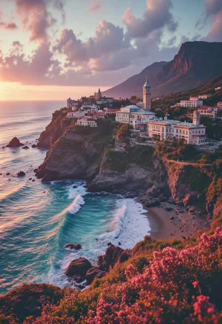 A lavish and ostentatious dwelling in a lush and colorful environment along a craggy coastline with lapping waves and puffy clouds, sunset, Erin Hanson, Donato Giancola, Nicolas de Stael, cinematic lighting, long shadows, saturated contrast. Adding depth to the composition. High resolution, high detail. Highly detailed. <lora:Instant camera portrait photography V2.0.safetensors:1.0>, <lora:Dark side of light.safetensors:0.55>, <lora:aidmaFLUXPro1.1-FLUX-v0.3.safetensors:1.0>, <lora:Glitchcore_Flux.safetensors:0.8>,