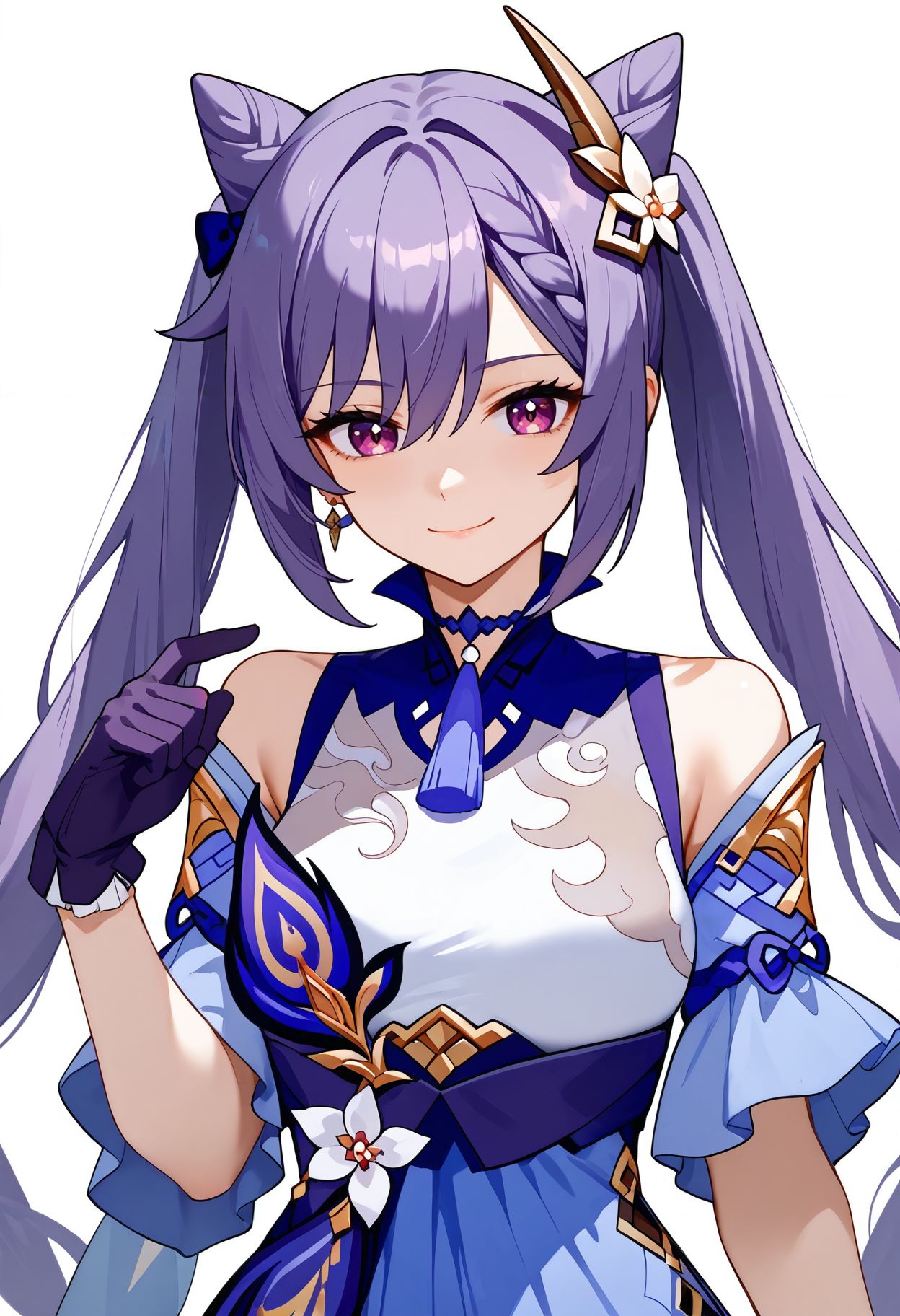 score_9,score_8_up,score_7_up, <lora:keqing_genshin_impact_pdxl_goofy:1>keqing \(genshin impact\),1girl, arm support, braid, breasts, closed mouth, cone hair bun, detached sleeves,bare shoulders,  dress, gloves, hair between eyes, hair bun, long hair, looking at viewer, medium breasts, neck tassel, purple gloves, purple hair, short sleeves, smile, solo, twintails, upper body,white background,