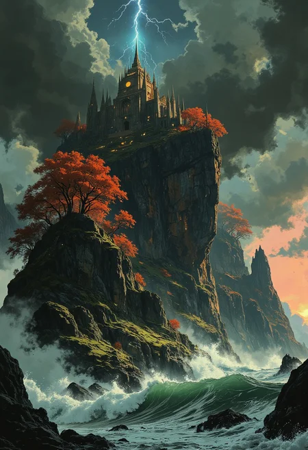 A towering, jagged island rises sharply from the ocean, crowned with a golden-roofed cathedral at its peak. Vibrant red and orange trees cling to the rocky cliffs, contrasting against lush green foliage scattered across its surface. Waves crash dramatically against the dark stone base, sending foamy sprays into the air. The sky above is an intense mix of swirling storm clouds and a vivid blue lightning strike, illuminating the scene with a dramatic glow. In the distance, the horizon fades into soft hues of pink and orange as the sun sets, casting a warm, ethereal light over the entire landscape. The scene is dynamic and full of energy, blending the power of nature with a sense of divine mystery.
Key Elements to Highlight:
Island Features: steep, rocky cliffs; vibrant red-orange foliage; contrasting green patches
Architecture: golden-roofed cathedral, intricate spire, mystical and grand
Ocean: crashing waves, foamy white details, dynamic water movement
Sky: dramatic storm clouds, vibrant blue lightning, soft sunset hues
Atmosphere: majestic, dramatic, mystical, energetic