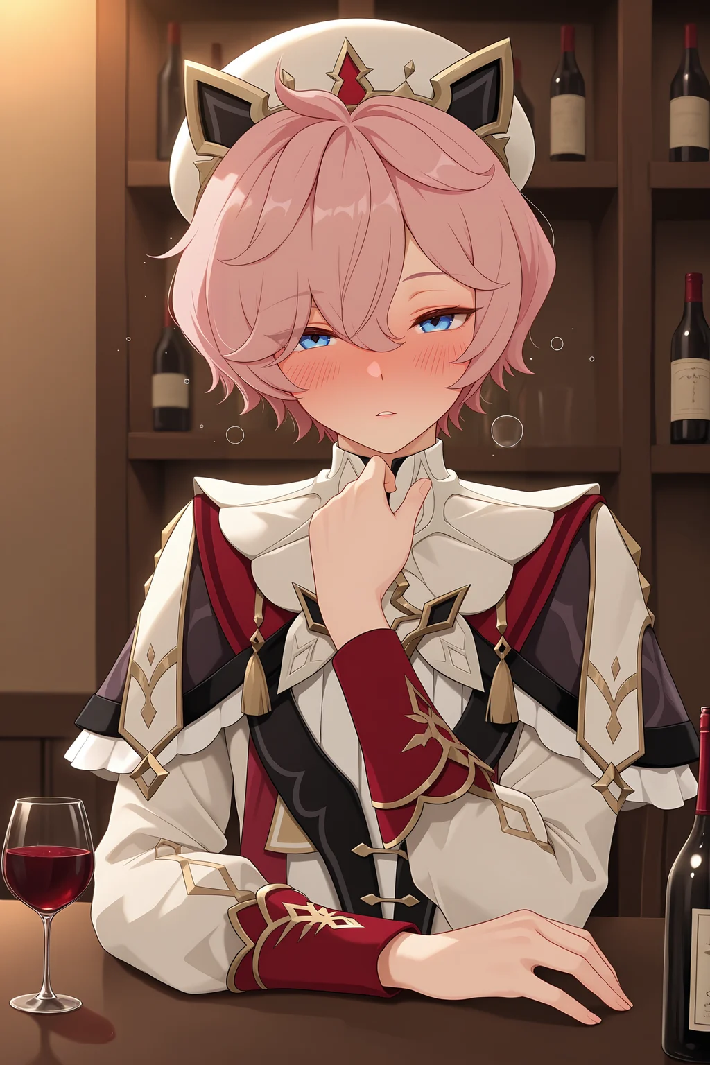 masterpiece, best quality, 1boy, dahliaChar, male focus, drunk, bottle, solo, pink hair, cup, hat, blue eyes, blush, alcohol, long sleeves, looking at viewer, short hair, indoors, shirt, hair over one eye, wine bottle, upper body, parted lips <lora:dahlia_genshin:1>