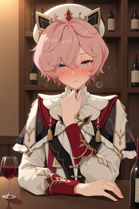 masterpiece, best quality, 1boy, dahliaChar, male focus, drunk, bottle, solo, pink hair, cup, hat, blue eyes, blush, alcohol, long sleeves, looking at viewer, short hair, indoors, shirt, hair over one eye, wine bottle, upper body, parted lips <lora:dahlia_genshin:1>