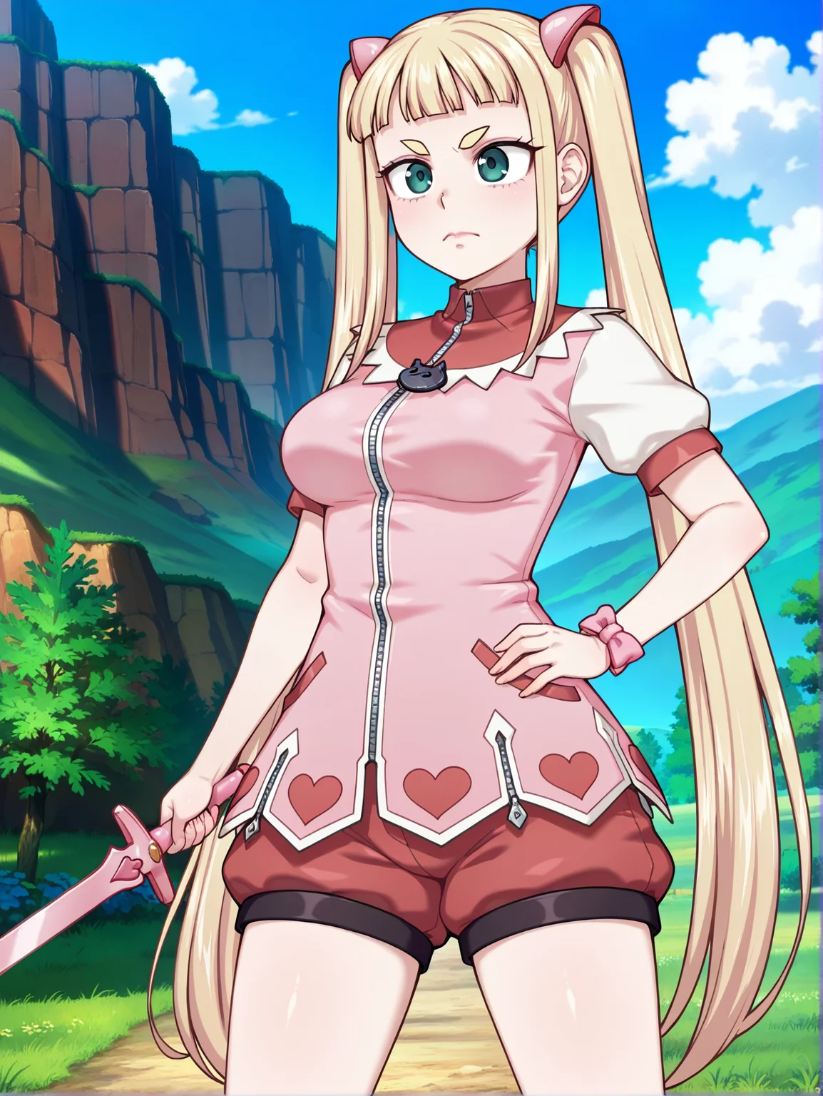 masterpiece, best quality, amazing quality, absurdres, newest, dynamic_angle, defined facial features, uncensored, anime coloring, outdoors, 
standing, <lora:KONOHA_IL2.0v0b:0.8> konoha \(magical girl konoha\), magical girl outfit, cat-shaped zipper pull, pink wristband, red puffy shorts, large breasts, wide hips, ((((aged up:1.8, mature female:1.8)))), pink sword, fighting stance,