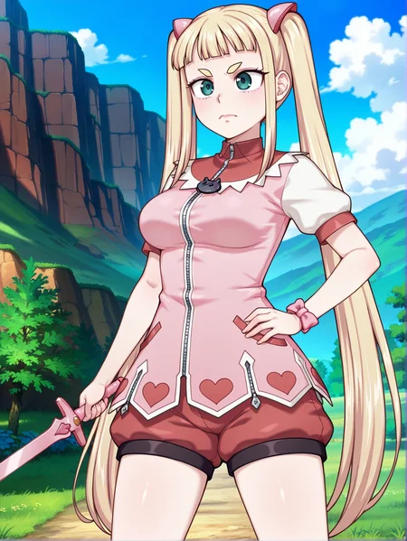 masterpiece, best quality, amazing quality, absurdres, newest, dynamic_angle, defined facial features, uncensored, anime coloring, outdoors,
standing, <lora:KONOHA_IL2.0v0b:0.8> konoha \(magical girl konoha\), magical girl outfit, cat-shaped zipper pull, pink wristband, red puffy shorts, large breasts, wide hips, ((((aged up:1.8, mature female:1.8)))), pink sword, fighting stance,
