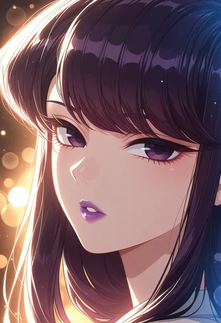 bokeh, luminescent background, masterpiece, best quality, 1girl, solo, eye_focus, 1girl, Shouko Komi, portrait, parted lips, purple lips, beautiful, looking at viewer