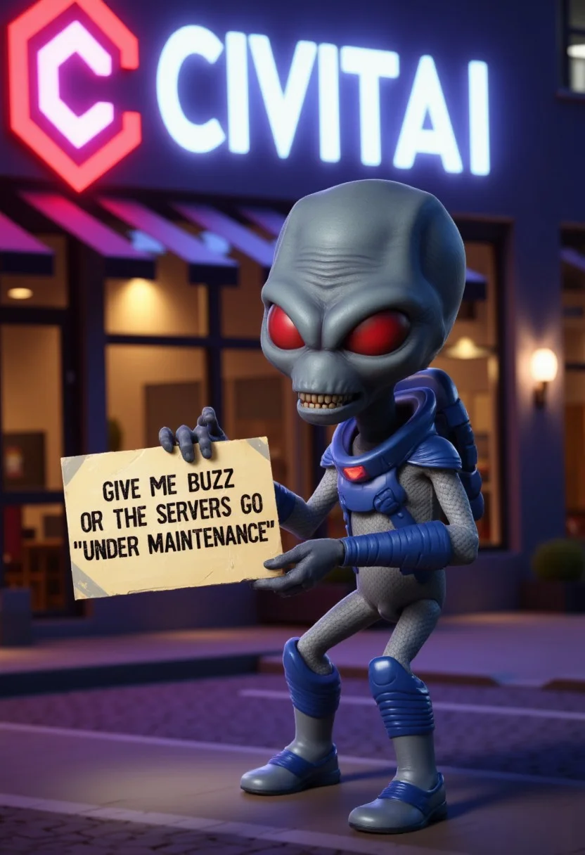 Cryptosporidium the grey alien in spacesuit holding a paper sign that says “Give me buzz or the servers go ‘under maintenance’”, Glowing red eyes, sharp teeth, elongated head, menacing, dramatic lighting, in front of building with neon civitaiLogo sign.