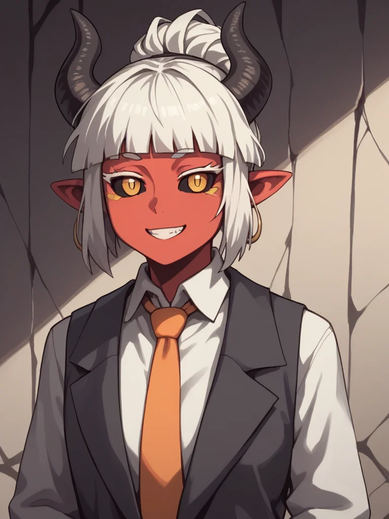 score_9, score_8_up, score_7_up, score_6_up, score_5_up, score_4_up, detailed eyes, beautiful eyes, <lora:Demon_Merchant:0.6> demon, demon girl, red skin, black sclera, orange eyes, marks under eyes, white hair, horns, short eyebrows, thick eyelashes, collared shirt, orange necktie, black waistcoat, cavern, darkness, shadows, small smile, grinning at viewer, pants, smart shoes,