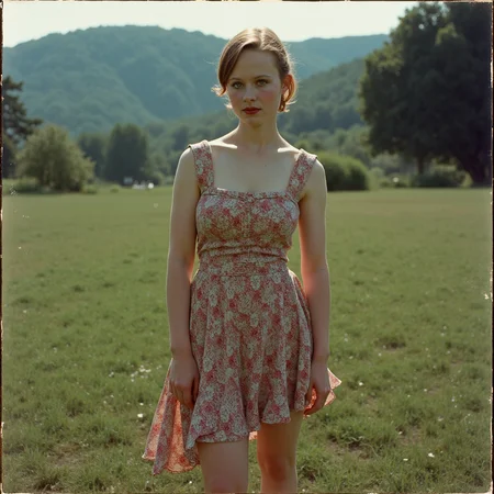 Faded Polaroid Photo, analog film photo gothic style captured with a Leica M6, flash photography enhanced with retro grain, a beautiful young woman wearing a beautiful summer dress in a farm, an old portrait ,posing dynamic, slight smile,  analog photo   <lora:Thora Birch V2:1> th0r4b . dark, mysterious, haunting, dramatic, ornate, detailed . faded film, desaturated, 35mm photo, grainy, vignette, vintage, Kodachrome, Lomography, stained, highly detailed, found footage, analog, old faded photo, old polaroid, RAW candid cinema, 16mm, color graded portra 400 film, remarkable color, ultra realistic, textured skin, remarkable detailed pupils, realistic dull skin noise, visible skin detail, skin fuzz, dry skin, shot with cinematic camera