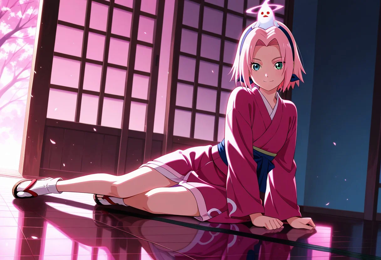 Score_9_up, score_8_up, score_7_up, source_anime, Expressiveh, perfect eyes, 1girl, solo, haruno sakura, pink hair, short hair, green eyes, slim body,Small breasts,
best quality, dynamic pose, dynamic angle, heart, looking at viewer,
pink kimono with red flowers, light reflecting on skin, japanese garden, sunny, godrays, intense lighting, detailed background, playful pose, spirit familair, spirit on head, cheerful, happy, looking at viewer, sitting,Dynamic pink lighting,nightpink particles,reflective floor,
score_9, score_8_up, score_7_up, score_6_up, score_5_up, score_4_up, masterpiece, 4K, quad HD, best quality, high quality, highres, stunning details, highly detailed, ultra detailed, extreme detail, perfect composition, very aesthetic, sharp focus, crisp details, vivid colors, soft lighting, cinematic lighting, dynamic lighting, volumetric lighting, sharp contrast, smooth shading, intricate details, cinematic color grading, clear details, harmonious composition, vibrant colors, ambient lighting, anime-style illustration, vibrant and expressive, ultra-detailed, high-resolution, smooth shading, cel shading, vivid anime colors, best quality, intricate details, elegant pose, cinematic lighting, dynamic composition, anime fantasy background, soft glow, dreamy atmosphere, stunning character design, expressive eyes, 4K HD, anime artstation trending,, ansrd