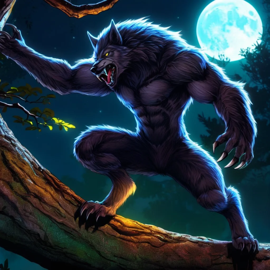 anime artwork of <lora:Werewolf style:1.2>
wide angle of a werewolf is climbing a tree branch in the dark with moonlight in background Werewolf Style, anime style, key visual, vibrant, studio anime, highly detailed
