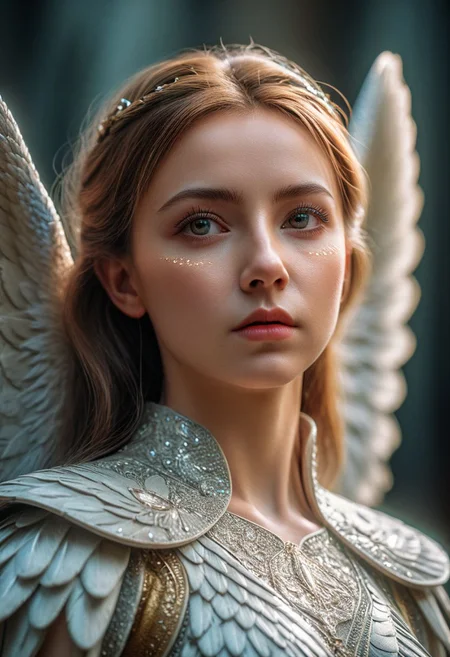 Fine Art Portrait, zoomed out, 135 mm, DLSR, Nikon D7000, macrophotography, angel, godsworn, angelic, (((multiple eyes on head and sides))), ultra detailed facial features, enchanting, volumetric lighting, realistic subsurface scattering , cinematic low-key portrait photography, hyper detailed, texture, 8k, HD, UHD, perfect texture, featured on Artstation, top of Pinterest