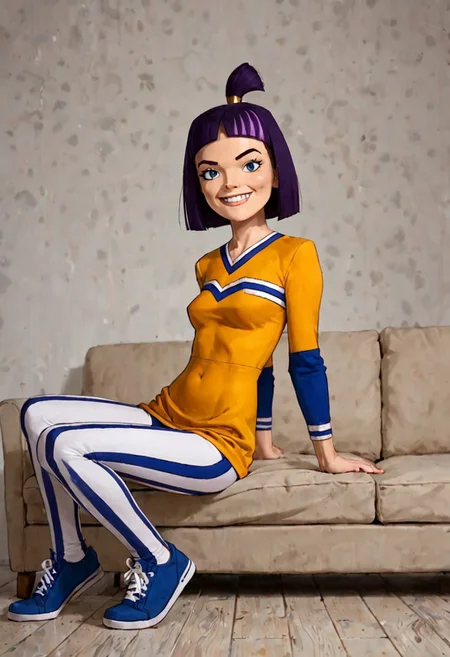 score_9, score_8_up, score_7_up, 1girl, dynamic pose, cowboy shot, light smile, looking at viewer, sitting on couch, simple background,
<lora:Theresa Fowler ( Randy Cunningham: 9th Grade Ninja ):1.1>,Theresa Fowler, solo, 1girl, short hair, purple hair, ponytail, gold hair band, blue eyes, gold cheerleader uniform, long sleeves, black and white stripe pattern leggings, blue shoes, flat stomach,wasp waist