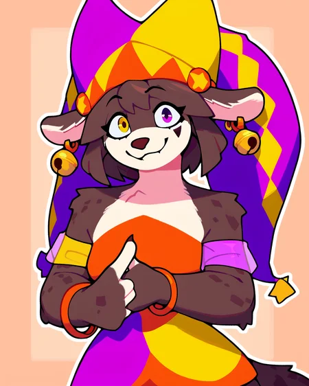 score_9_up, score_8_up, score_7_up, score_6_up, by remanedur, half-length portrait, heterochromia, furry female, purple eye, yellow eye, female, furry, looking at viewer, solo, smile, happy, jester, jester cap, fools hat, bell, gesture, striped, multicolored headwear, bracelet, jingle bell, earrings, bell ear ring, three-quarter view, head tilt, tail, bracelet, earrings, simple background, white outline, <lora:PDXL_artist_tags_v2_big:0.5> <lora:The-Minuscule-Task_PDXL_v1.0:0.6> <lora:Pitori_AutumnBloom11:1>