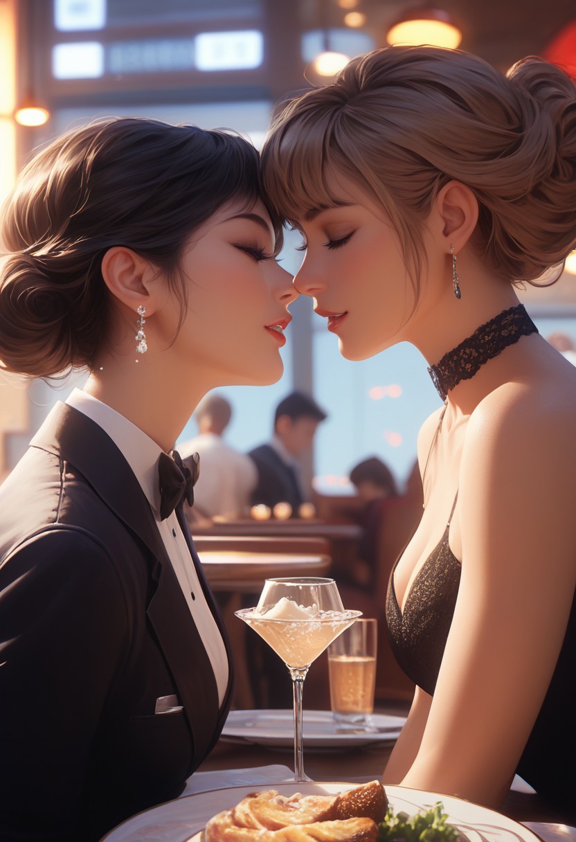 score_9, score_8_up, score_7_up, 2girls, 25 yo lesbian couple having a romantic dinner at a fancy restaurant, detailed,