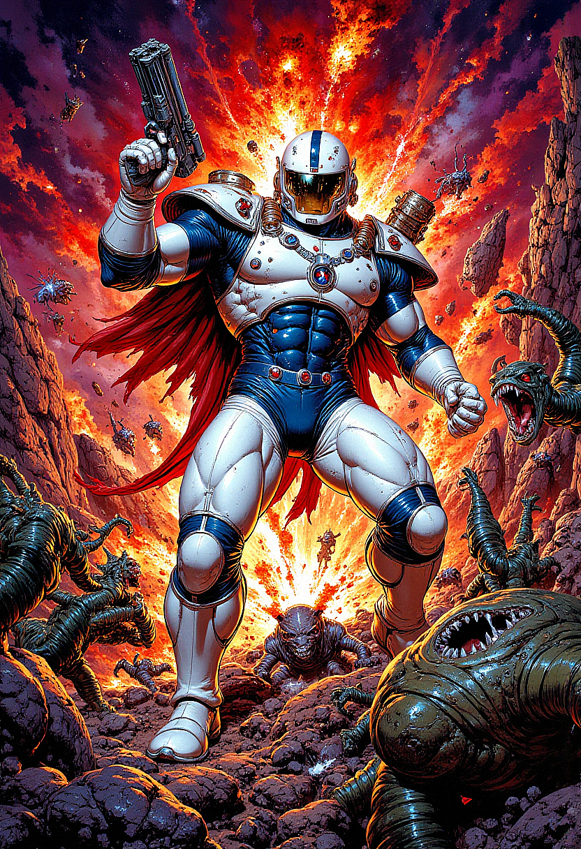 A dynamic action scene featuring Earthworm Jim, the iconic video game character, in his super-suit. He stands heroically, holding his blaster gun, surrounded by chaotic, alien landscape with craters and weird creatures. The suit is shiny, with vibrant white and blue colors, contrasted by the deep red and brown of the alien planet. The atmosphere is intense, with bright, colorful explosions in the background. Comic book-style details with exaggerated motion lines and vibrant colors.   <lora:FluxMythP0rtr4itStyle:0.8> MythP0rt,  <lora:flux.1_lora_flyway_Epic-Characters_v1:0.33>  <lora:aidmaMJ6.1-FLUX-V0.1:0.6> midjourneyv6.1,