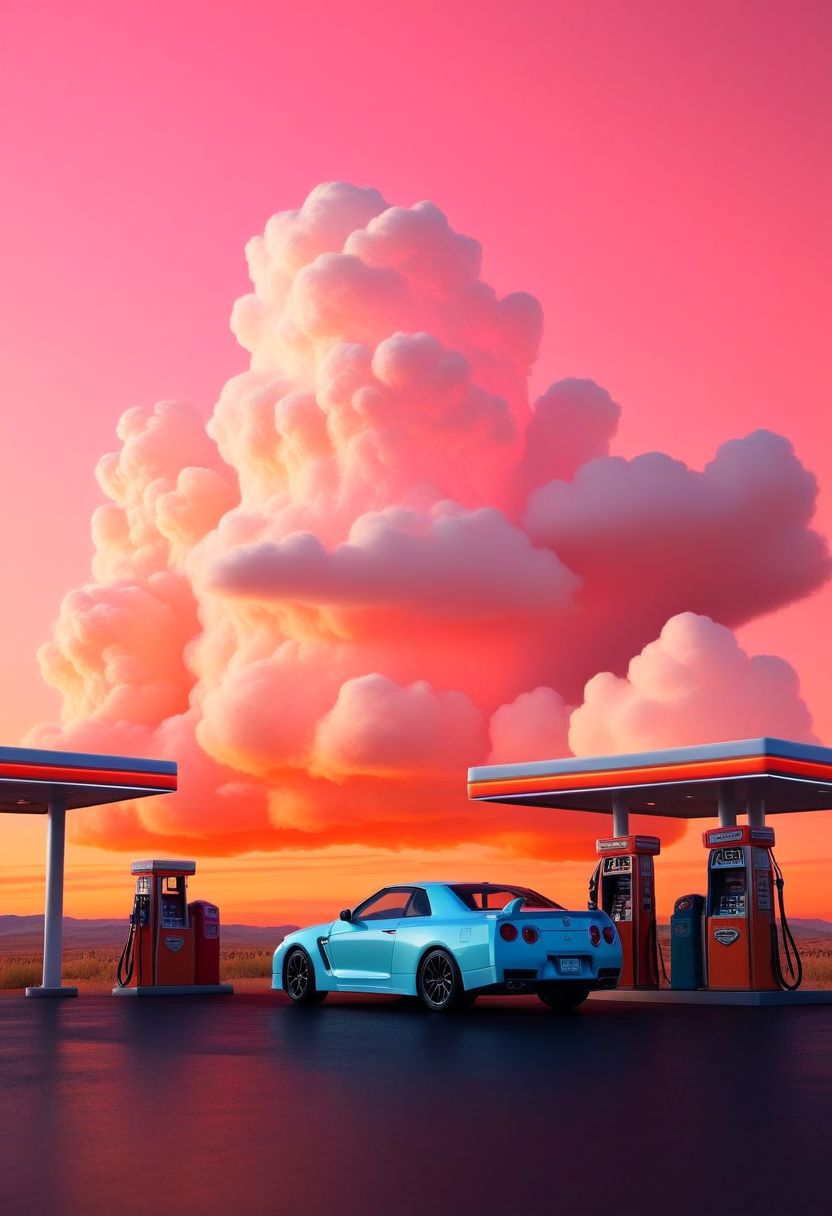 ispzxll, diorama, isometric, miniature, volumetric lighting style, intricate details, pink and orange sky, fluffy clouds, car at gas station, country living, countryside, middle of nowhere, rundown gas station, gas pump, secret meeting, small town, vast landscape, detective, mystery, white nissan skyline gtr car