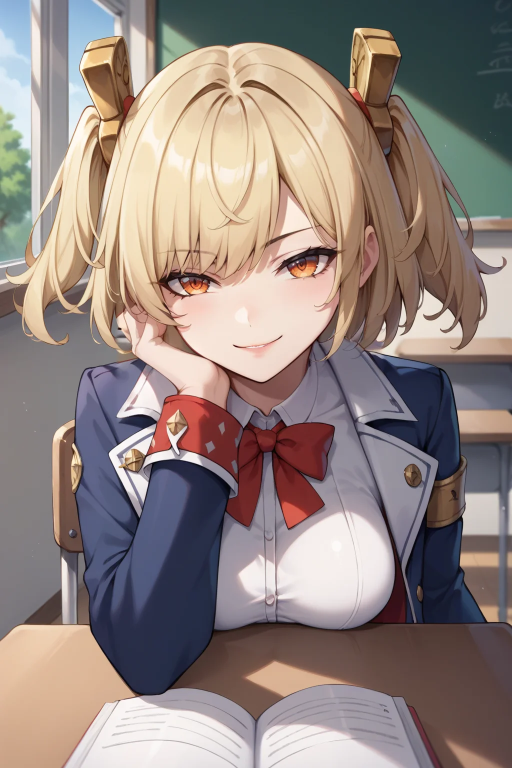 score_9, score_8_up, score_7_up, source_anime, 1girl, prefect lighting, very aesthetic, intricate details, highly detailed background, masterpiece, high quality, prefect hands, best quality, solo,
<lora:Burnice_ZZZ_V1:.85>, KJOburnice, blonde hair, orange eyes, twintails, two side up,
White school uniform, blue pleated skirt, kneehighs, long sleeves,
sitting, at desk, head rest, smug, head tilt, pov across table,
School, classroom, window, sunny, tree,
(Beautiful, medium Breasts:1.2), natural breasts,