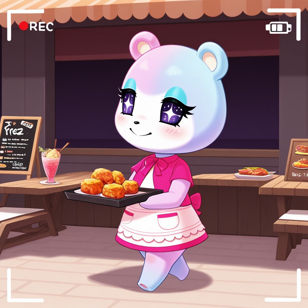 best quality, masterpiece, Full Body, Romantic, Small, Body, Furry, judyac, animal crossing, 1girl, solo, furry, bear, two-tone fur, light pink fur, light blue fur, white muzzle, purple eyes, star pupil, blush, blue eyeshadow, pink dress, beach, restaurants, serving food, carry tray, walking, outside lobby, board walk, beach chair, beach table, umbrella, recording, sign of buzz, sign said buzz food menu, sign writing say buzz, smile, holding a sign, sign said " free_buzz_food"
