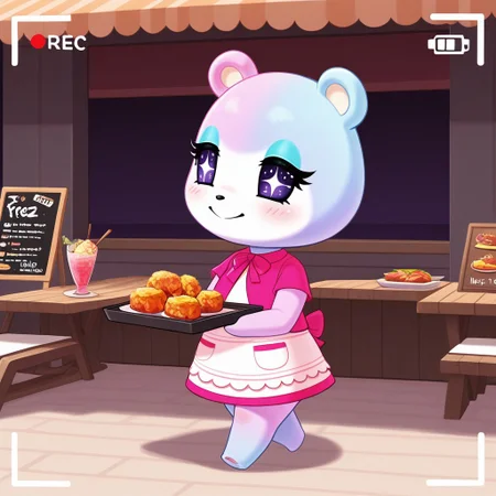 best quality, masterpiece, Full Body, Romantic, Small, Body, Furry, judyac, animal crossing, 1girl, solo, furry, bear, two-tone fur, light pink fur, light blue fur, white muzzle, purple eyes, star pupil, blush, blue eyeshadow, pink dress, beach, restaurants, serving food, carry tray, walking, outside lobby, board walk, beach chair, beach table, umbrella, recording, sign of buzz, sign said buzz food menu, sign writing say buzz, smile, holding a sign, sign said " free_buzz_food"