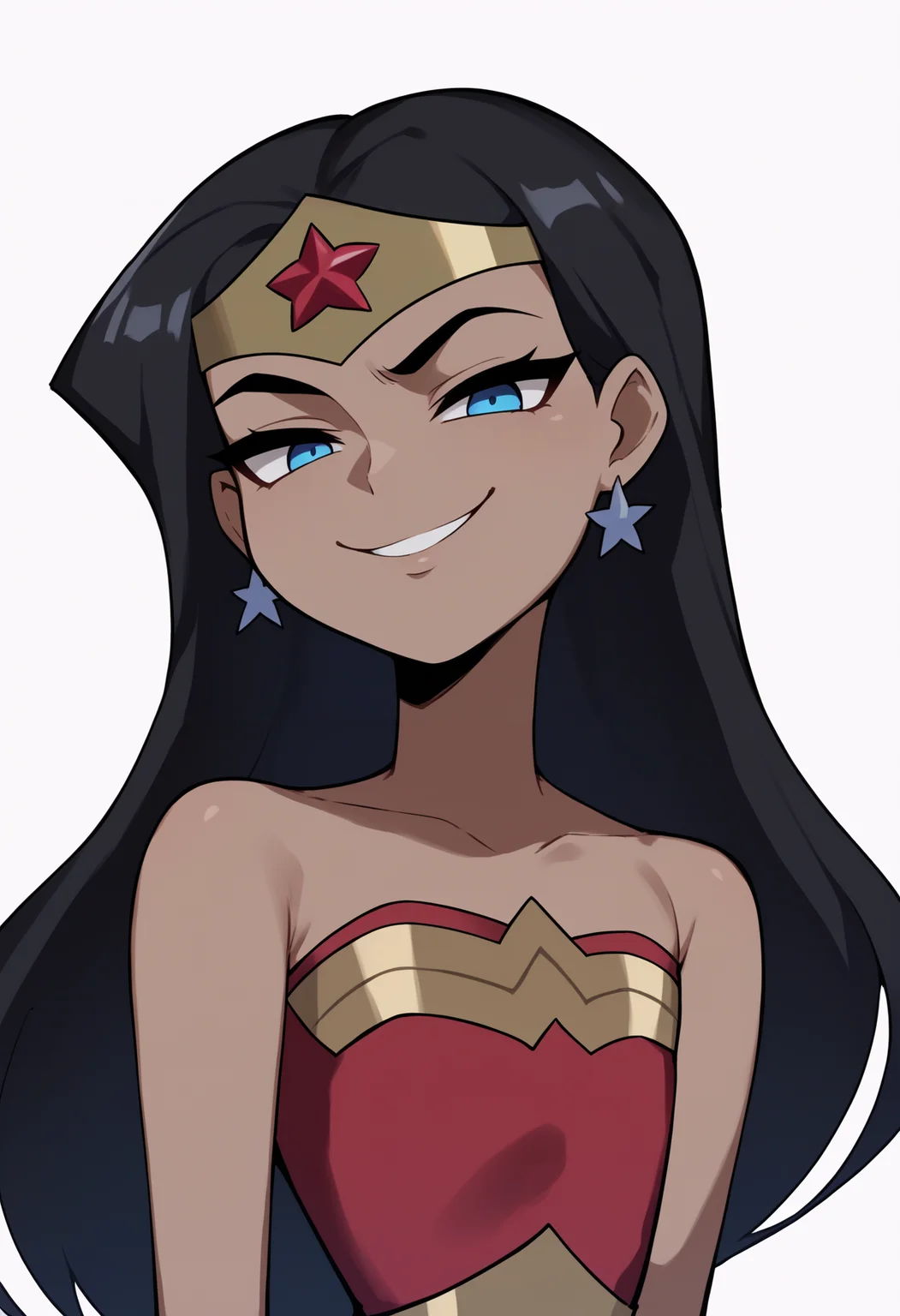score_9, score_8_up, score_7_up, score_6_up, score_5_up, score_4_up, BREAK, source_anime,
1girl, wwkd <lora:WonderWomanKidsXLv2:1>, black hair, long hair, blue eyes, dark skin, bare shoulders, earrings, flat chest, jewelry, leotard,
tiara, smug,
hands behind back, smile, upper body, looking at viewer, solo, simple background, white background