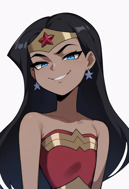 score_9, score_8_up, score_7_up, score_6_up, score_5_up, score_4_up, BREAK, source_anime,
1girl, wwkd <lora:WonderWomanKidsXLv2:1>, black hair, long hair, blue eyes, dark skin, bare shoulders, earrings, flat chest, jewelry, leotard,
tiara, smug,
hands behind back, smile, upper body, looking at viewer, solo, simple background, white background