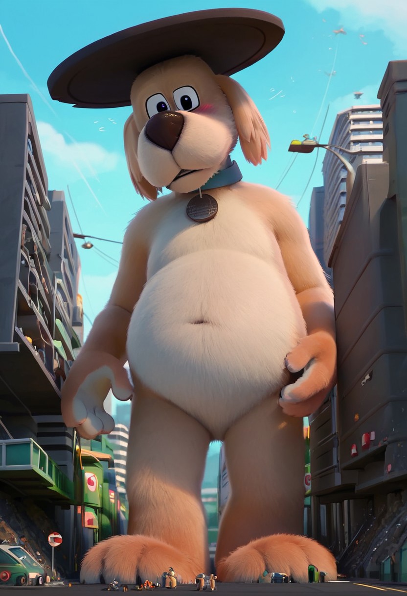 score_9, score_8_up, score_7_up, score_6_up, solo focus, 1male, larger body, (Manhole Dog, Go Dog Go), blue collar, (beige fur, beige belly)), manhole shaped tag, manhole cover on his head, tail, ((anthro, anthro dog, dog body)), (black eyes), Perfect paws, 1male, (source_furry), full body, solo, anthro, detailed fur, slightly chubby, detailed eyes, massive butt, low angle view, ((macro)), ((giantess)), outdoors, ((sunshine)), ((sunny day)), ((bright light)), in the city, (shrunken city :1.3), (shrunken cityscape:1.2), micro cityscape, full detailed city, destruction, mass destruction, full body, perfect face, focus on furry, shy face, blushing, (sexy perfect face), looking at viewer, sexy, highly detailed, Expressiveh, perfect eyes, barefeet, big feet, landscape, masturbation, orgasm face, blue sky, daytime,