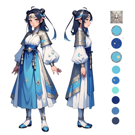 CharacterDesignFLUX,reference sheet,white background,simple background,multiple views, upper body, front, from side, color palette reference, high_detailed, captured in high detail, girl Lunar warrior with traditional magical clothing, white and blue tunic, armor on the arms, silver ornaments on the clothing, silver headband, boots, skirt, magic particles, multiple references