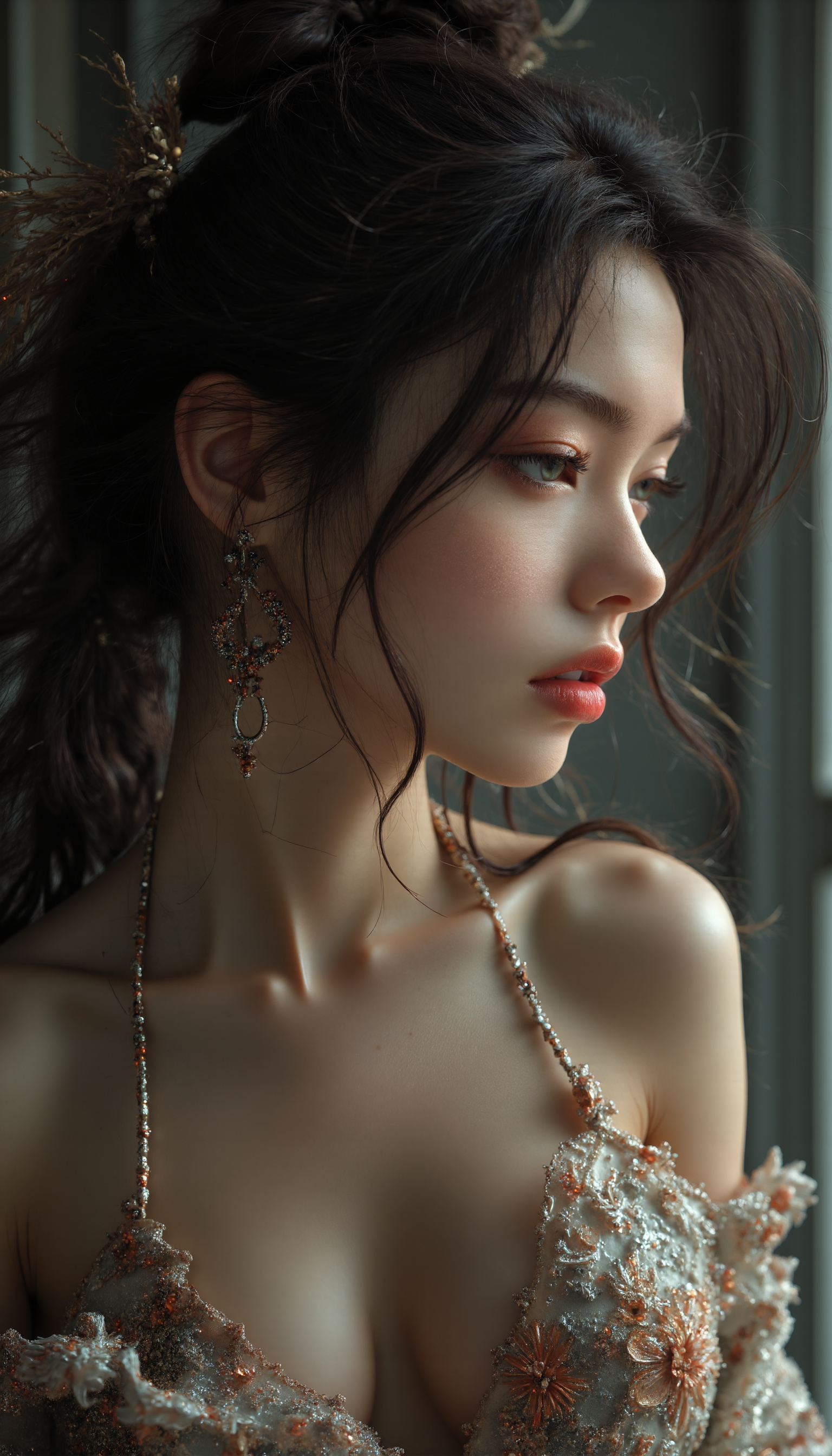 Midjourney_Whisper, A hyper-realistic portrait of a stunning supermodel, featuring a beautifully detailed face with captivating eyes and a serene expression. The image showcases her natural beauty, focusing on her flawless skin and delicate features. The composition blends modern and traditional elements with a neo mode, avant-garde style, characterized by elegant lines, vibrant colors, and exquisite details. Her hair is styled in an intricate and unique fashion, adding to her ethereal and timeless aura. The lighting enhances her features, creating a soft interplay of light and shadow, while the high-resolution quality captures every detail with photorealistic clarity, head tilt pose, (three quarter view:0.2), (from above:0.4), (dutch angle:0.2),upper body, breast focus, looking away, <lora:midjourney_whisper_flux_lora_v01:1>,