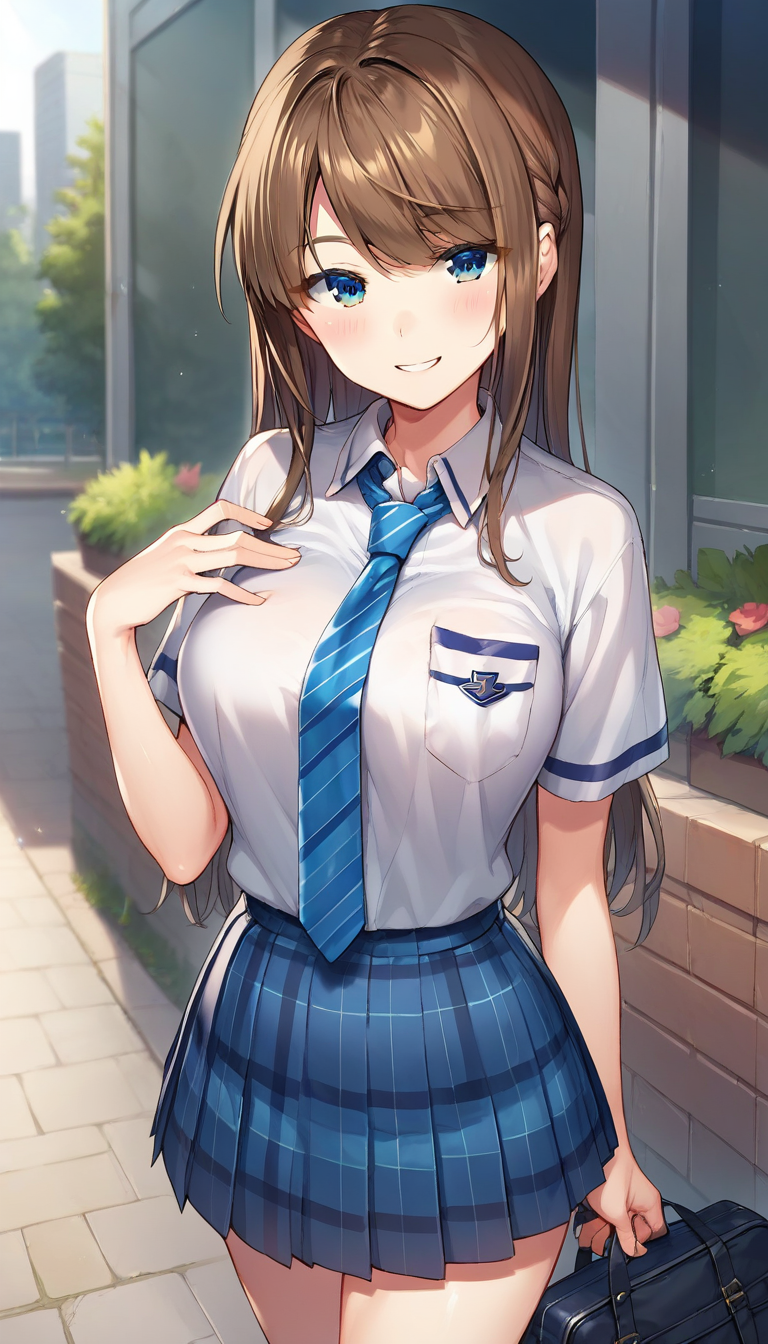 score_9,score_8_up,score_7_up,score_6_up BREAK official art,solo,outdoors,cowboy shot,looking at viewer,facing viewer,smile,blush,Suzumori Satsuki,long hair,brown hair,braid,sidelocks,diagonal bangs,blue eyes,school uniform,white shirt,collared shirt,dress shirt,breast pocket,blue necktie,diagonal-striped necktie,plaid necktie,short sleeves,large breasts,shirt tucked in,blue skirt,pleated skirt,plaid skirt,black socks,loafers,brown footwear,<lora:Suzumori Satsuki(am)-Pony:1.2>,