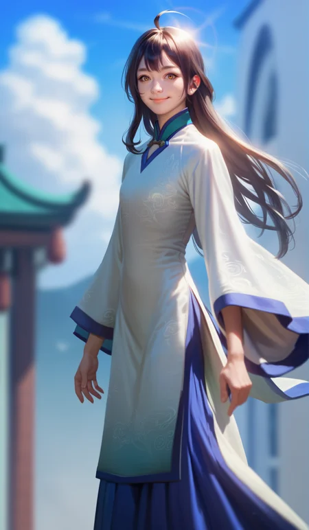 score_9,score_8_up,score_7_up,
<lora:xinxianying:0.9>,xinxianying,
highres,photorealism,bloom,
1girl,solo,long black hair,bangs,ahoge,
yellow eyes,looking at viewer,smile,
white and cyan gown,blue underdress,
cowboy shot,
blurry background,
outdoors,blue sky,cloud,feathers in the background,
light particlest,Lens Flare,