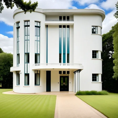 <lora:JJsStreamlineModerne_XL:1>  , ((streamline moderne)), outdoor,,  building, window, grass, tree, , balcony,  ,   center composition,door, column, beam, sky, cloud, day,, photography, capturing moments, storytelling, creative composition