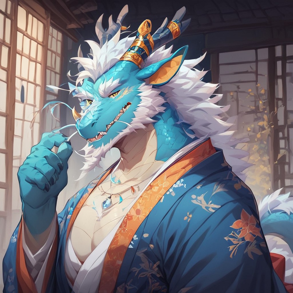 score_9, score_8_up, score_7_up, score_6_up, semi-realistic artwork, high quality, vibrant colors, best quality rendering, intricate details, high resolution, sharp focus, best render quality,Bastion Style Mix 2,solo
1boy,Xiaolong,dragon,light blue body,pectorals, horns,teeth, yellow eyes,whiskers,jewelry,large pectorals,beard, mature male, facial hair,tail,japanese clothes,kimono,Fundoshi