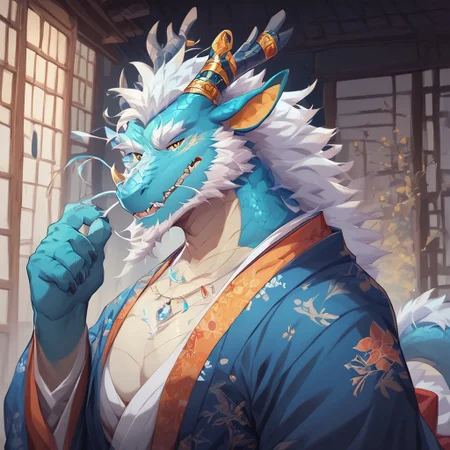 score_9, score_8_up, score_7_up, score_6_up, semi-realistic artwork, high quality, vibrant colors, best quality rendering, intricate details, high resolution, sharp focus, best render quality,Bastion Style Mix 2,solo
1boy,Xiaolong,dragon,light blue body,pectorals, horns,teeth, yellow eyes,whiskers,jewelry,large pectorals,beard, mature male, facial hair,tail,japanese clothes,kimono,Fundoshi
