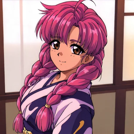<lora:NBnH_RieMakinoXLIllustrious003>,
masterpiece,best quality,good quality,newest,
detailed background,indoors,
smile,
looking at viewer,
solo,
RieMakino,1girl,pink hair,ahoge,twin braids,long hair,brown eyes,
standing,
print_kimono,