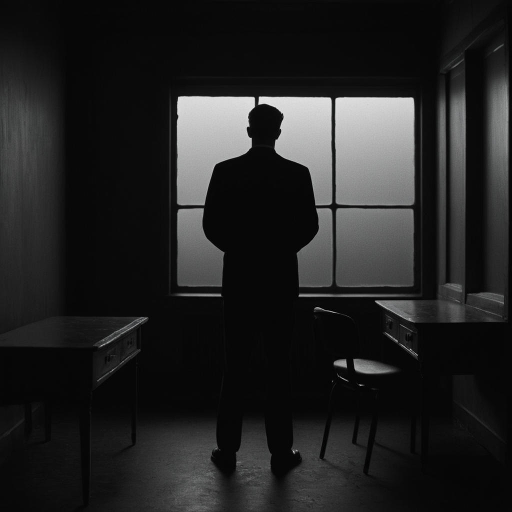 cinematic film still of  <lora:1960's style:1>
In the 1960's a man standing in a dark room with a window,sitting,monochrome,greyscale,indoors,window,chair,table,desk,silhouette,dark ,realistic,realism, detailed, perfection,perfect,filmic,retro,vintage,classic,different haircut,different look,different style,1960's style , 1960 style, shallow depth of field, vignette, highly detailed, high budget, bokeh, cinemascope, moody, epic, gorgeous, film grain, grainy