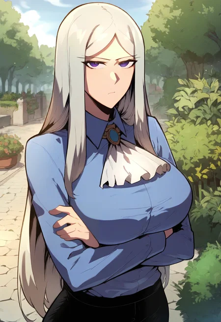 score_9, score_8_up, score_7_up, score_6_up, source_anime, rating_explicit, 1girl, solo, huge breasts,<lora:Luna Runcandel prefectPonyxl:0.9> long hair, white hair, purple eyes, grey hair, parted bangs, white ascot, jem, blue shirt, collared shirt, long sleeves, black pants, serious, garden, outdoors, looking at viewer, crossed arms, standing