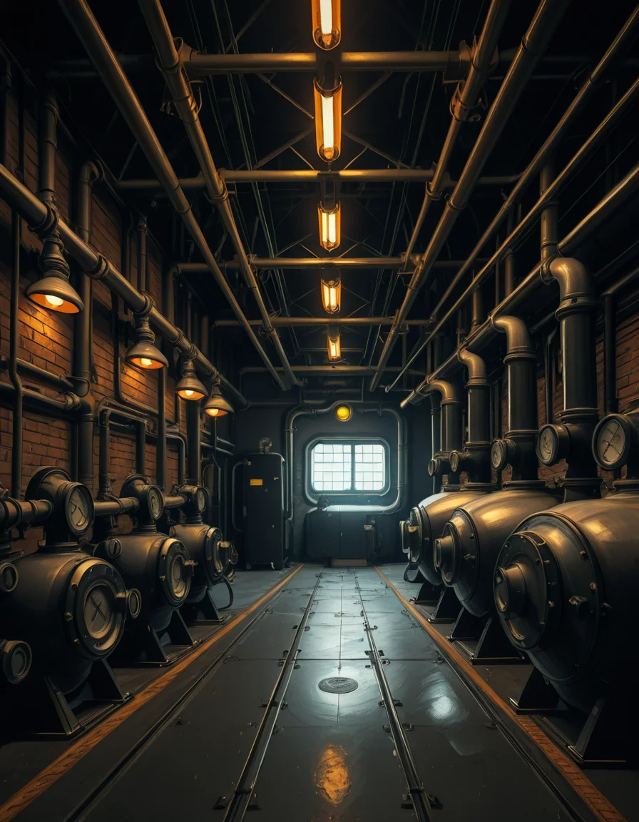 A highly detailed and realistic photograph of an industrial boiler room filled with large metal boilers, complex pipe systems, and pressure gauges. The room is dimly lit with a mix of warm yellow lighting from overhead industrial lamps and cool blue reflections from metallic surfaces. The air is slightly hazy with steam escaping from some of the pipes. The floor is made of reinforced concrete with visible stains from oil and water. Various control panels with blinking LED indicators and warning signs are mounted on the walls. The atmosphere is rugged and mechanical, evoking a sense of power and industrial efficiency. The depth of field is sharp, capturing intricate details such as rust on old pipes, the texture of the metal surfaces, and the labels on the control panels. The composition emphasizes symmetry, with pipes and machinery creating a structured, almost futuristic aesthetic.
<lora:SDXLFaeTastic2400:0.4> <lora:extremely_detailed:0.4> extremely detailed, <lora:industrial_boiler_room-i:1>,industrial b01l3r r00m, Masterpiece,best quality,hi res,8k,hi res,8k,award winning,(sharp focus, intricate, highly detailed),