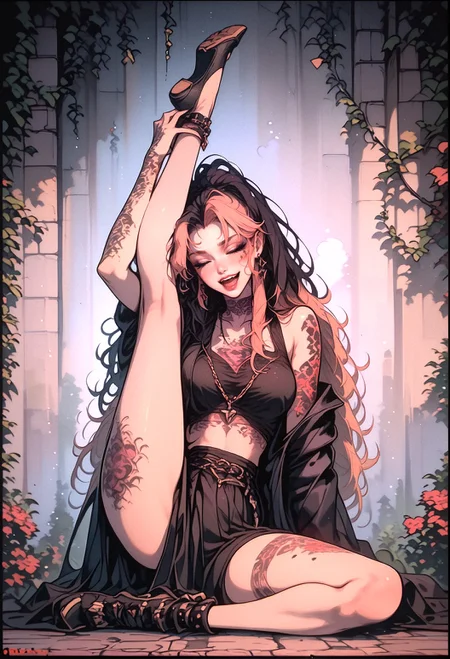 score_9, score_8_up, score_7_up, score_6_up, score_5_up, 1girl, solo, pink hair, long hair, black hair, bicolored hair, full body, sexy, posing, woman, fl0r4l, (tattoo:1.5), (big tattoo:1.5), dark make up, goth look, on back, leg up, loog at viewer, laughing, mad, yandere face, blushing, sexy, <lora:Expressive_H-000001>expressiveh <lora:princess_xl_v2:0.5> <lora:Goth_girl_XL-v2:0.8> <lora:OldAnimeStyle_XL_v3:0.9>