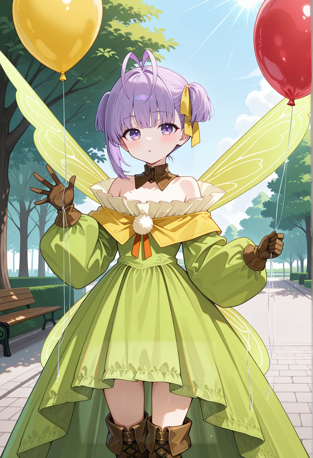 1girl, solo, holding balloon, outdoors, park, sunlight, waving, short hair, purple hair, antenna hair, twintails, single sidelock, yellow ribbon, purple eyes, detached collar, green dress, frills, bare shoulders, brown gloves, brown thigh boots, fairy wings, long skirt <lora:Kazuradrop_Illus:1>, masterpiece, best quality, amazing quality, very aesthetic, absurdres, highres, newest