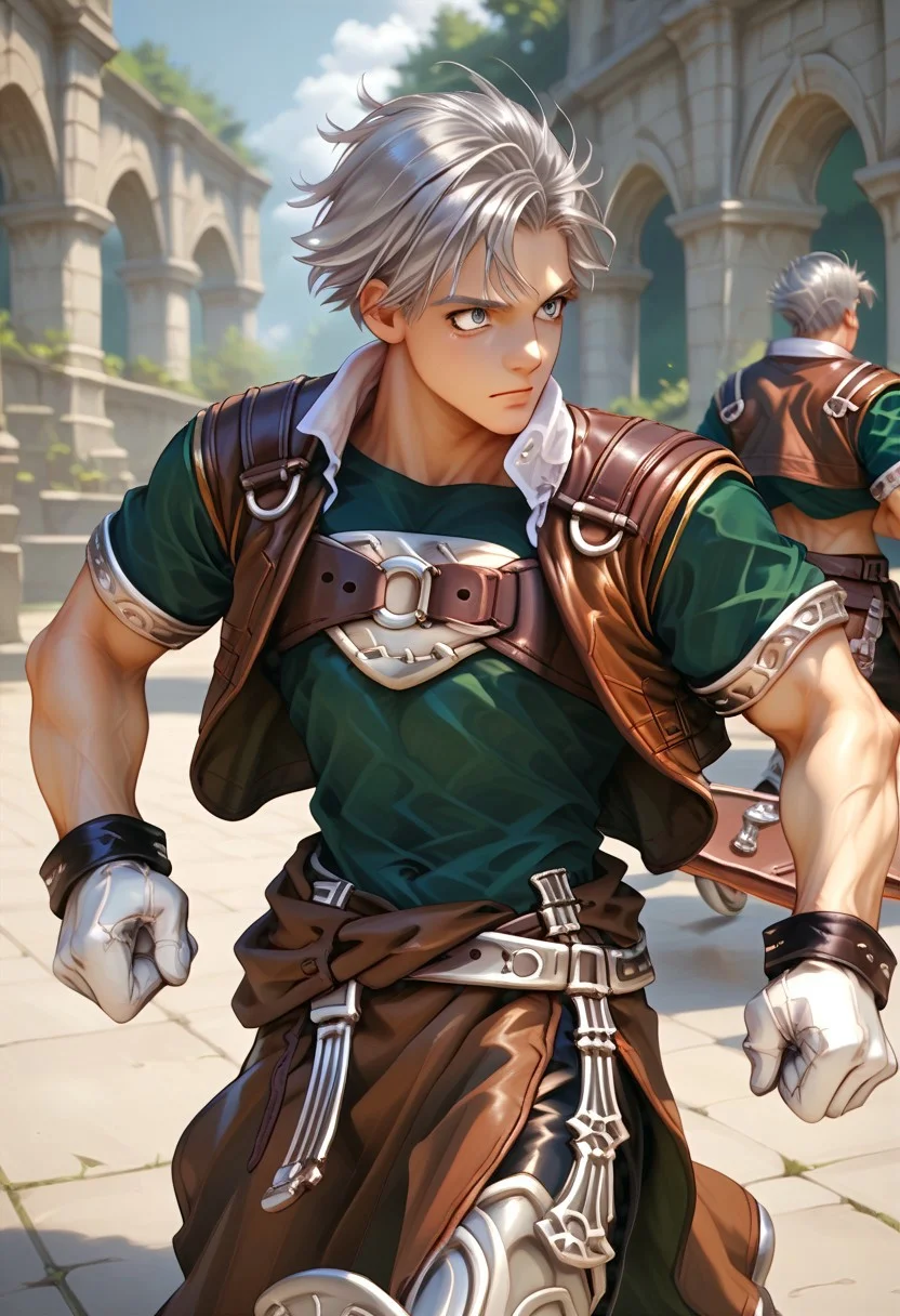 score_9, score_8_up, score_7_up, male focus, toned male, natgra2, gray eyes, short hair, silver hair, steel greaves, plated footwear, brown skirt, black pants, green shirt, brown leather vest, silver belts, white gloves, silver chest plate, running, view from the side