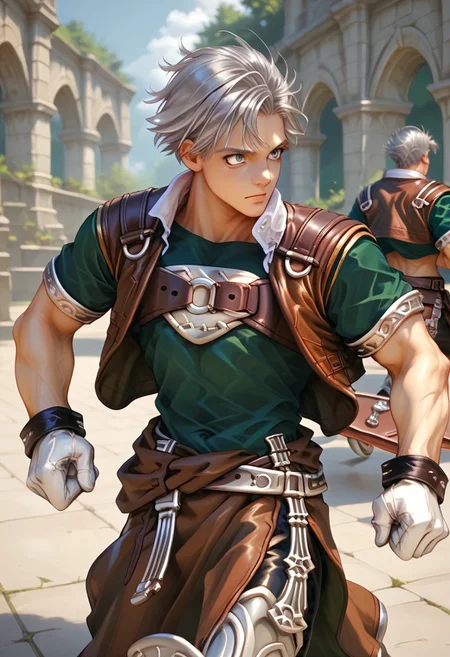 score_9, score_8_up, score_7_up, male focus, toned male, natgra2, gray eyes, short hair, silver hair, steel greaves, plated footwear, brown skirt, black pants, green shirt, brown leather vest, silver belts, white gloves, silver chest plate, running, view from the side
