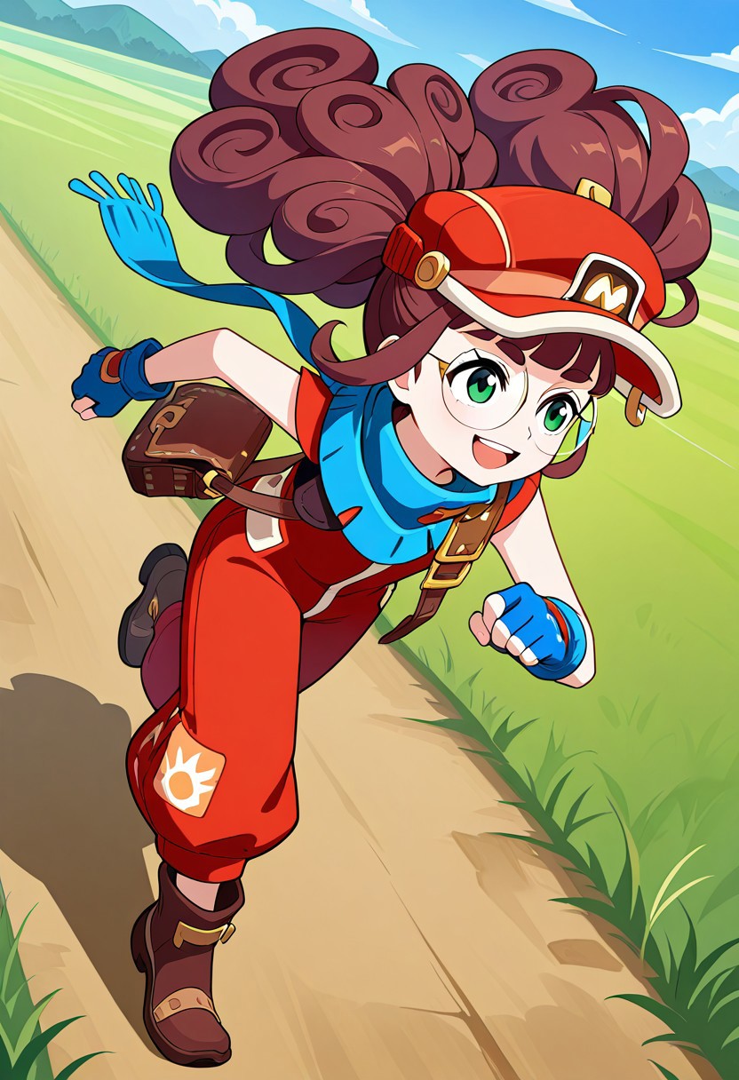 Zoe1, 1girl, red outfit, wide pants, blue scarf, blue fingerless gloves, glasses, curly hair, brown hair, twintails, red hat, brown bag, boots, running, smiling, green field, blue sky,