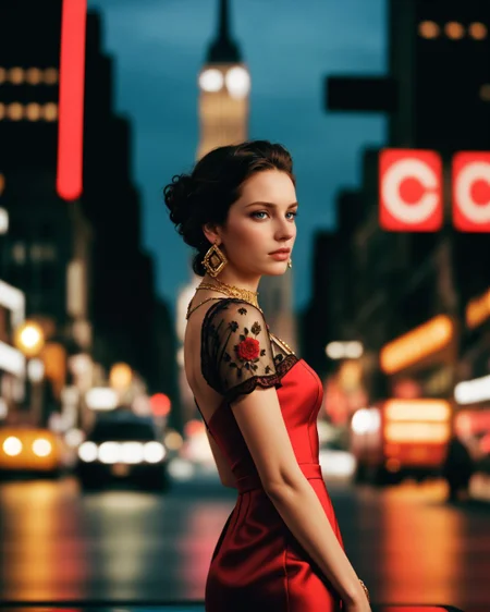 (style of [mario testino|annie leibovitz]:1.4), XD-Scene  Style-DoF, (style of Peter Lindbergh), woman, upper body, face, dressed in a couture gown, deep red, intricate lace, luxurious fabric, gold embroidery, baroque-inspired patterns, the gown hugs her silhouette, dramatic, elegant, regal, model's expression confident, intense gaze, hair styled in a tousled updo, bold red lipstick, flawless makeup, golden jewelry, necklace, earrings, exuding sophistication, poised, powerful, New York City, street scene, evening, blurred background, vibrant city lights, bustling atmosphere, the contrast between high fashion and the urban setting, neon signs, wet pavement reflecting lights, creating a cinematic effect, slight bokeh, capturing the energy of the city, blending luxury with street style, visual storytelling, modern couture, timeless elegance, the model stands out amidst the urban chaos, commanding attention, a perfect blend of glamour and grit, high-end fashion editorial, capturing the essence of New York's vibrant nightlife, bold, alluring, captivating <lora:kodak_ektar:0.8>