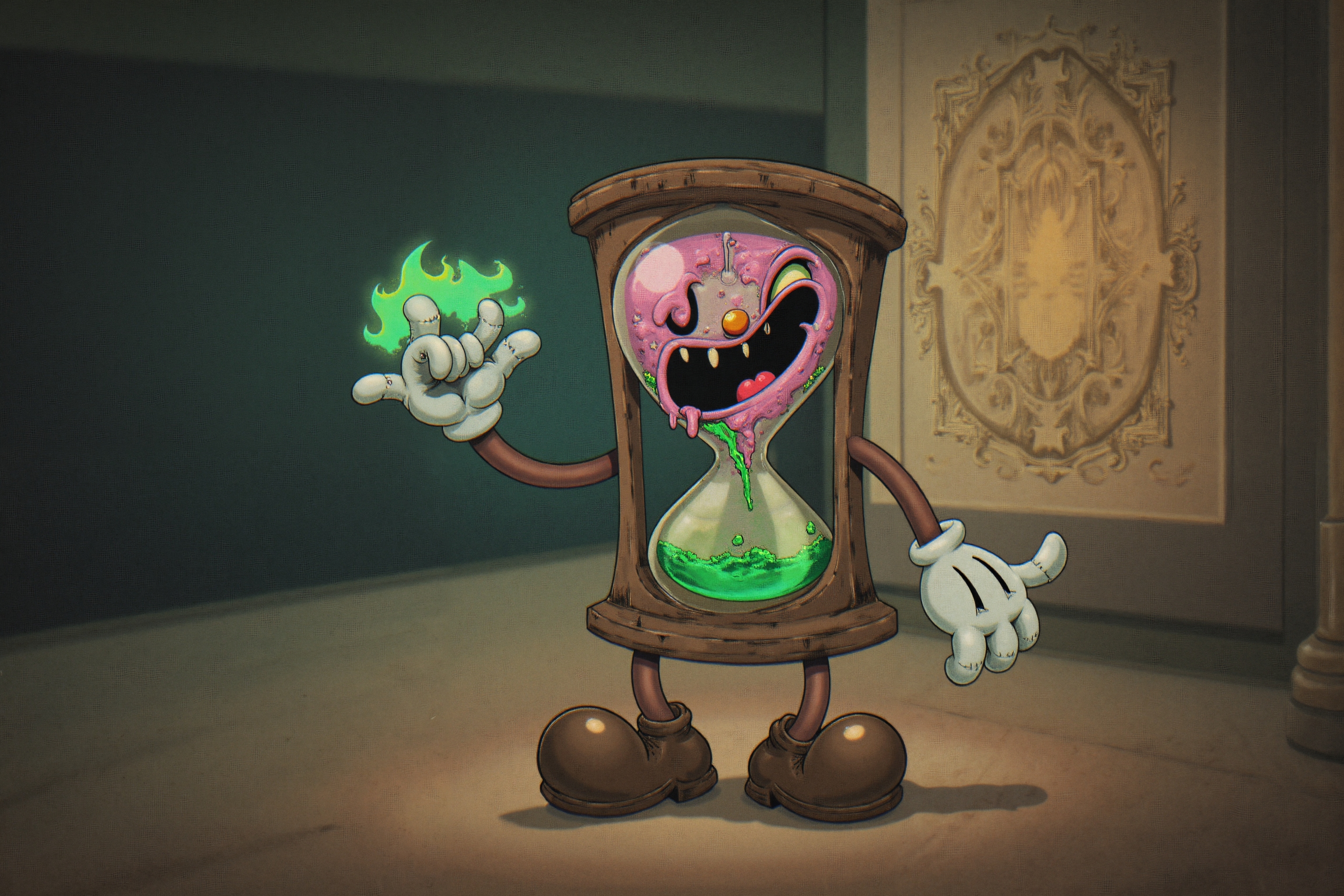 anthropomorphic hourglass creepy fun smile