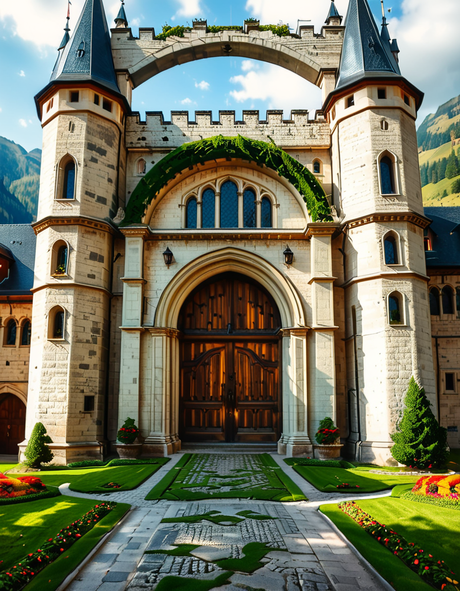 A highly detailed and realistic photograph of the massive entrance door of a medieval castle. The heavy wooden door is reinforced with large iron studs and intricate metalwork, set within a grand stone archway. The aged stone walls surrounding the entrance are weathered, covered in patches of moss and ivy, giving a sense of ancient history.
The cobblestone pathway leading to the door is slightly worn, with scattered fallen leaves and small tufts of grass growing between the stones. Above the entrance, a small, narrow window or arrow slit adds to the castleâs defensive design. The scene is illuminated by soft, natural light, casting shadows that highlight the textures of the stone and wood. The atmosphere is mysterious and majestic, evoking a sense of medieval grandeur.
<lora:SDXLFaeTastic2400:0.4> <lora:extremely_detailed:0.4> extremely detailed,  <lora:medieval_c4stl3_d00r:1>,medieval c4stl3 d00r, Masterpiece,best quality,hi res,8k,hi res,8k,award winning,(sharp focus, intricate, highly detailed),