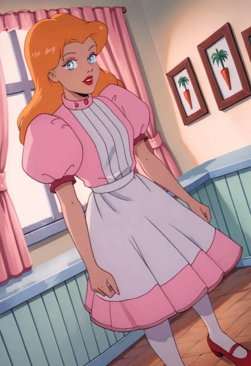 score_9_up, score_8_up, score_7_up, 1980s (style), retro artstyle, source_cartoon, rating_safe, solo 
JetLagAlice, 1girl, orange hair, blonde hair, long hair, makeup, lipstick, red lips, blue eyes, puffy sleeves, puffy short sleeves, short sleeves, dress, pink dress, apron, white pantyhose, pantyhose, skirt, shoes, red footwear
looking at viewer, indoors, dutch angle, portrait shot, indoors